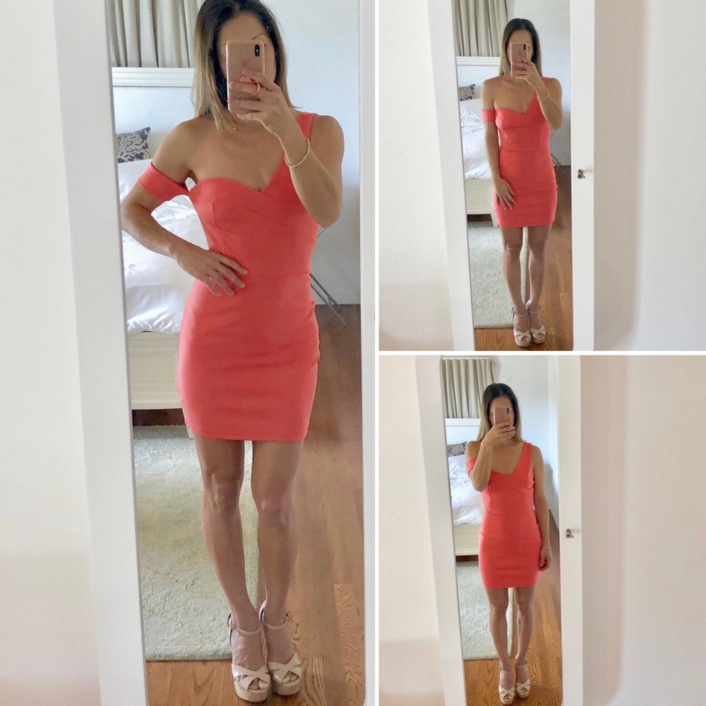 Coral colored one shoulder & sleeve  mini dress